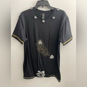 Black T-Shirt with Gold Braided Trim.